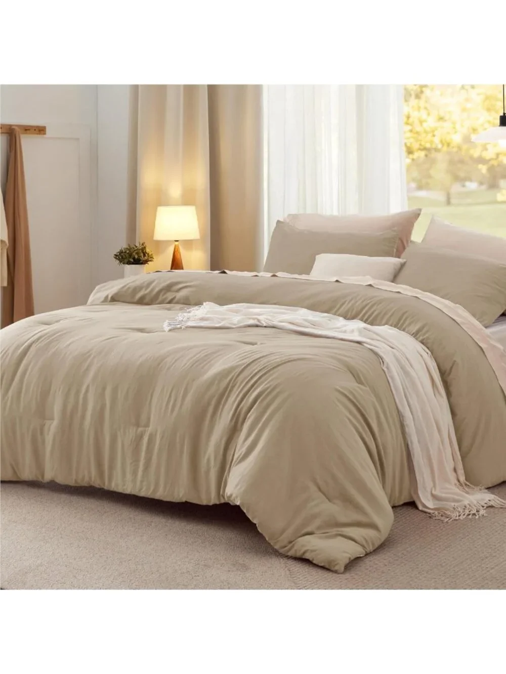 Cozy Khaki Queen Comforter Set - Soft Prewashed Bedding, 3-Piece All Seasons Set